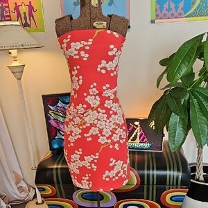 Vintage 1990s Nicole Miller Collection Coral Strapless Midi Dress Size S Floral